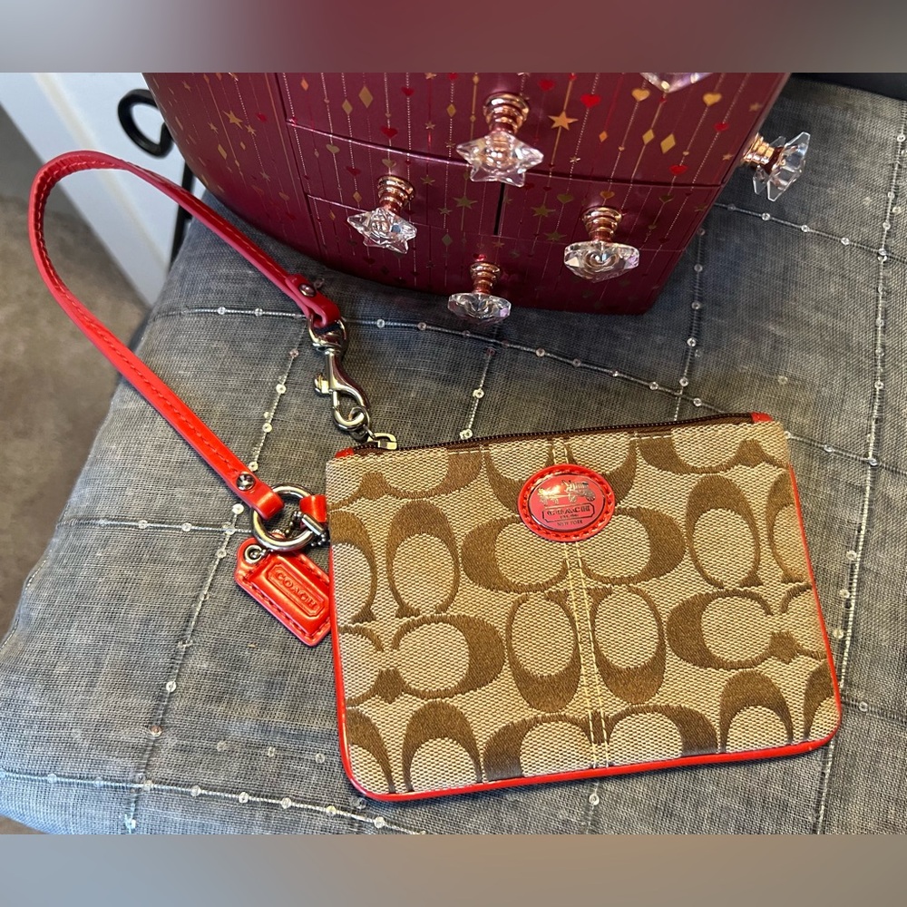 Coach Brown and Coral Wristlet with Signature C Monogram